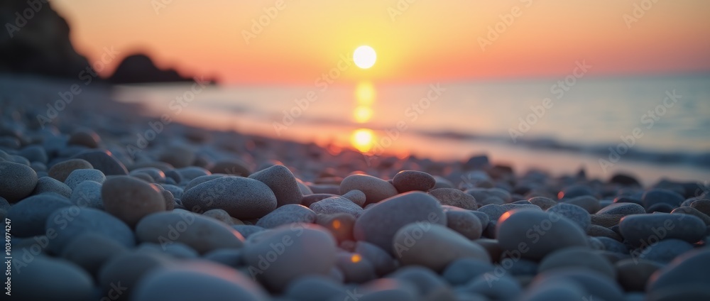 Obraz premium A close-up of smooth, round stones on a beach at sunset.