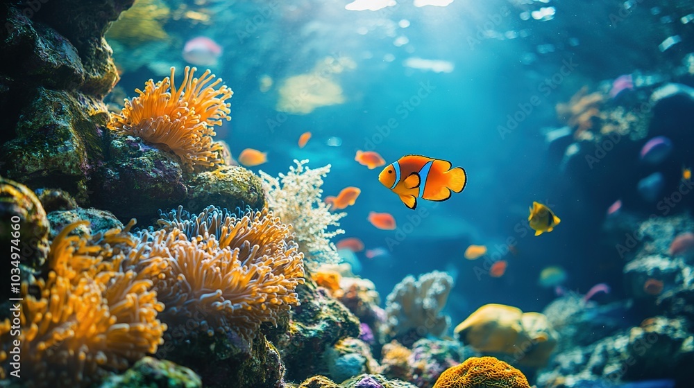 Fototapeta premium Colorful Coral Reef with Tropical Fish Underwater Scene