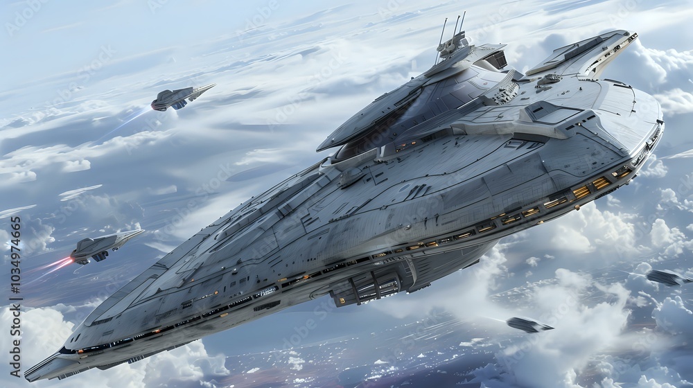 Obraz premium A futuristic spaceship soaring through clouds, showcasing advanced technology and design.