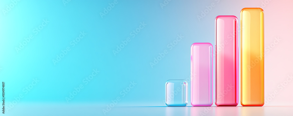 Crystal-clear 3D bar chart with neon glowing pink bars, sharp upward trend arrow, modern and sleek financial visualization, representing business success and growth. Crystal-clear 3D bar chart with neon glowing pink bars, sharp upward trend arrow, modern and sleek financial visualization, representing business success and growth.
