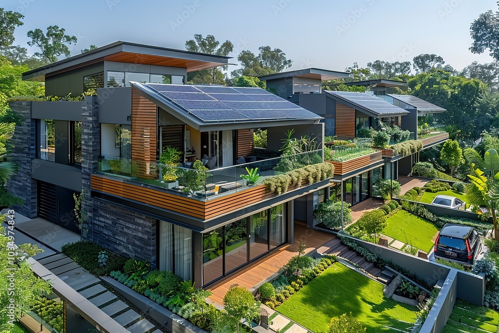 Modern, eco-friendly homes with solar panels and lush landscaping. Modern, eco-friendly homes with solar panels and lush landscaping.