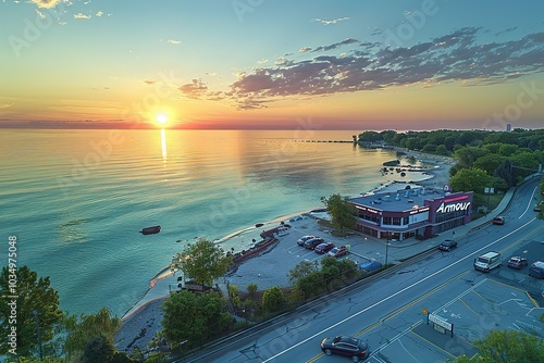 A stunning sunset over the water with a restaurant on the shore. photo