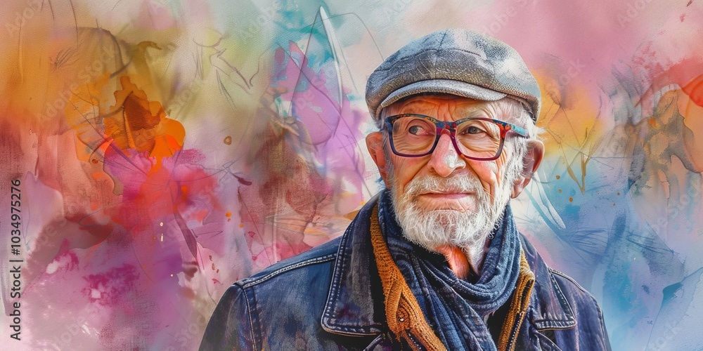 Fototapeta premium Elderly Man with Glasses and Cap Against Vibrant Abstract Background in Artistic Portrait