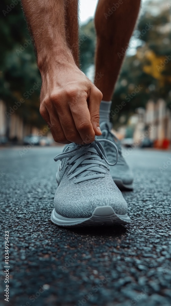 A dedicated runner crouches to tie their shoelaces, getting ready for an exciting marathon taking place on city streets filled with early morning light A dedicated runner crouches to tie their shoelaces, getting ready for an exciting marathon taking place on city streets filled with early morning light