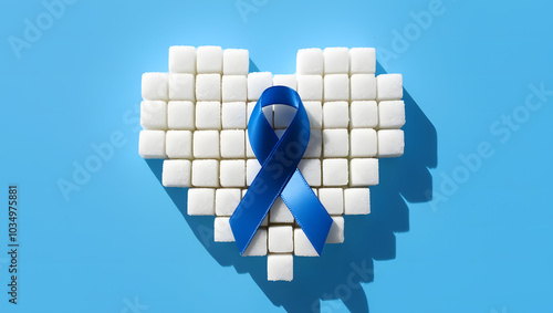 World diabetes day, 14 november, awareness banner with blue ribbion and heart made of sugar cubes. concept with copy space on blue background photo