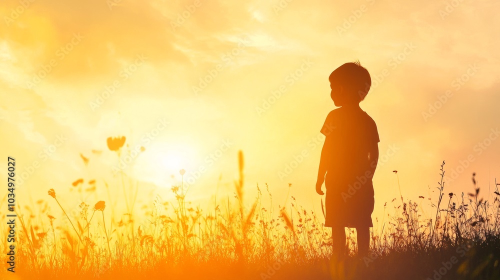 Silhouette of a Child Standing in a Field at Sunset with Golden Sky Silhouette of a Child Standing in a Field at Sunset with Golden Sky