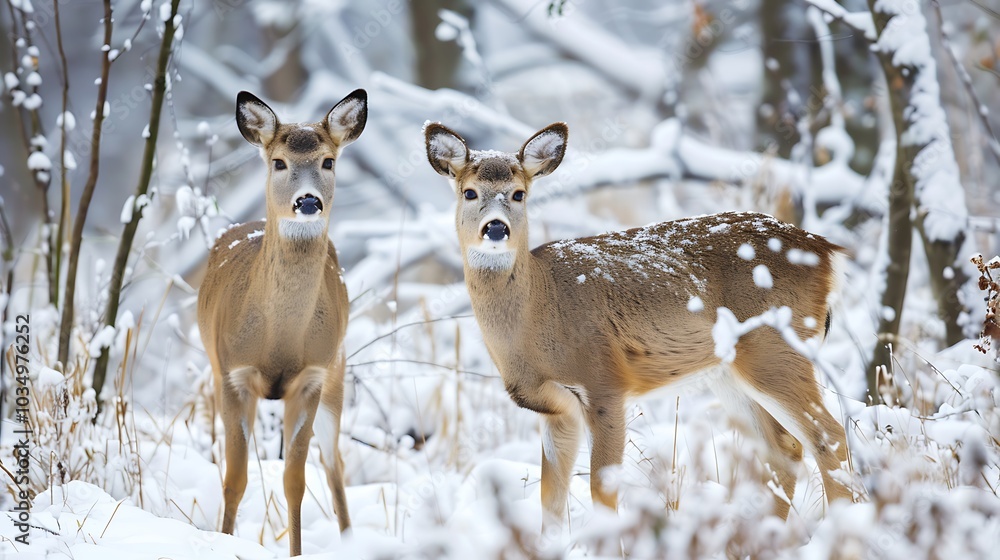 A pair of curious deer with white tails in a wintry landscape A pair of curious deer with white tails in a wintry landscape