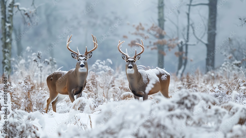A pair of curious deer with white tails in a wintry landscape A pair of curious deer with white tails in a wintry landscape