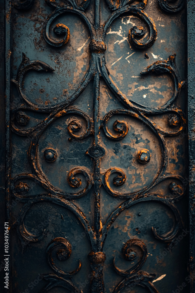 dark moody black and gold rusty ornate metal gate texture background