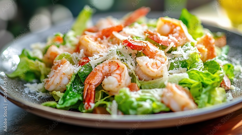 Delicious Caesar salad with shrimps on a white plate is perfect for a weight loss diet Delicious Caesar salad with shrimps on a white plate is perfect for a weight loss diet