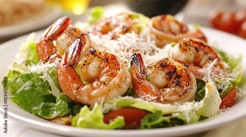 Delicious Caesar salad with shrimps on a white plate is perfect for a weight loss diet Delicious Caesar salad with shrimps on a white plate is perfect for a weight loss diet
