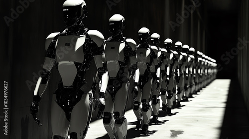 Sci-fi inspired robot army marching in unison, sleek and metallic forms, abstract shadows cast on the ground, black and white color scheme, viewed from the front