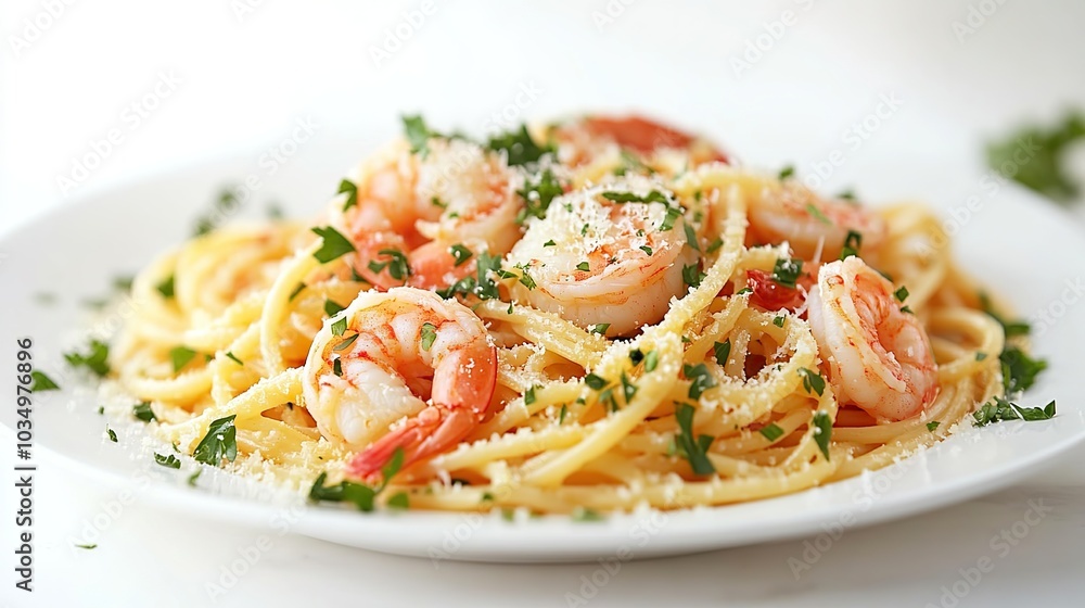 Italian pasta with shrimps beautifully arranged on a plate on a white table Italian pasta with shrimps beautifully arranged on a plate on a white table