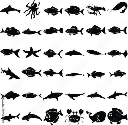 Seafood silhouette vector icon illustration set. Contains fish, sea animal, lobster, octopus, crab, etc.