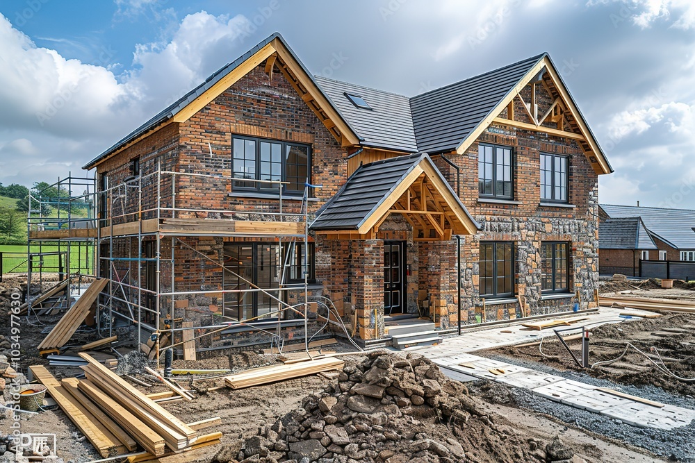 A brick and stone house under construction with scaffolding around it. A brick and stone house under construction with scaffolding around it.