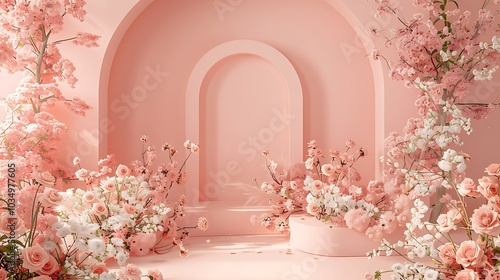 A pale pink backdrop with a floral platform which include a rose arch for displaying items