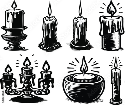 Print  Burning candle vector icon. Vintage accessory with flame, wick, flowing drops of wax. Element for home, church, Halloween decoration. Hand drawn black and white doodle, outline. For print, web