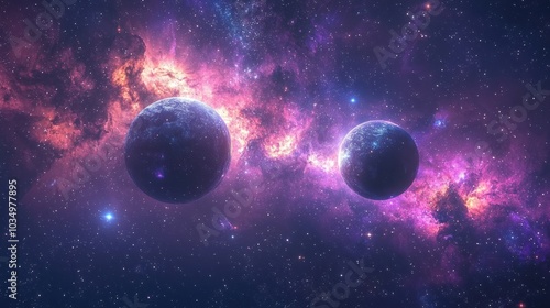 Two planets with a nebula in the background.