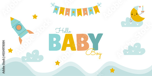 colorful Children's Birthday banner with a rocket flying between the clouds and stars