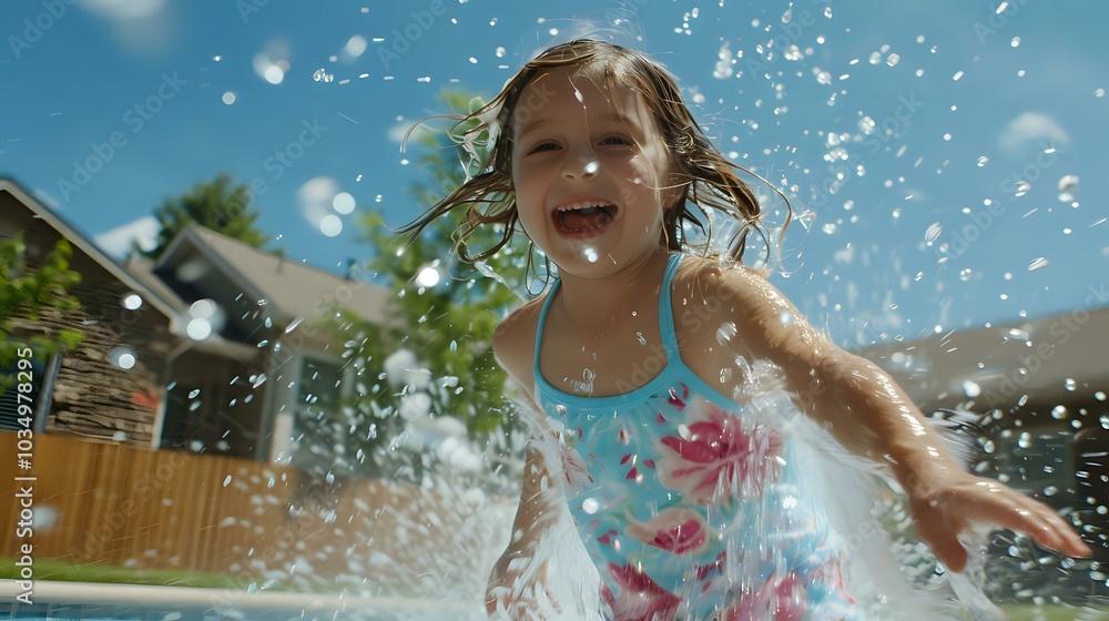 Obraz premium A joyful child splashes in a pool on a sunny day, embodying fun and carefree summer moments.
