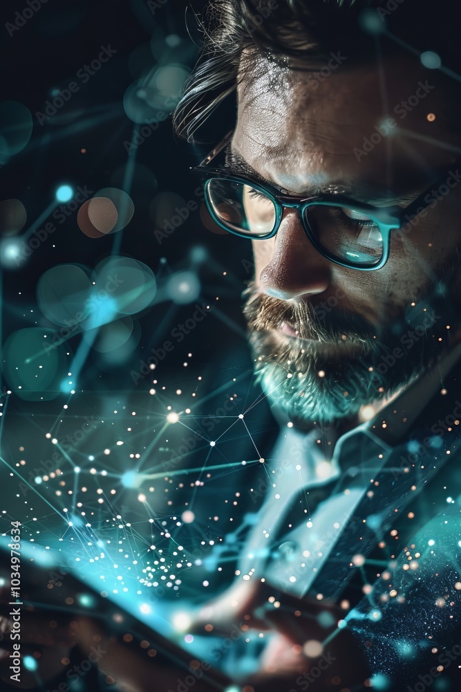 Futuristic Concept of a Man Engaging with Digital Technology and Network Connections in a Modern Setting Futuristic Concept of a Man Engaging with Digital Technology and Network Connections in a Modern Setting