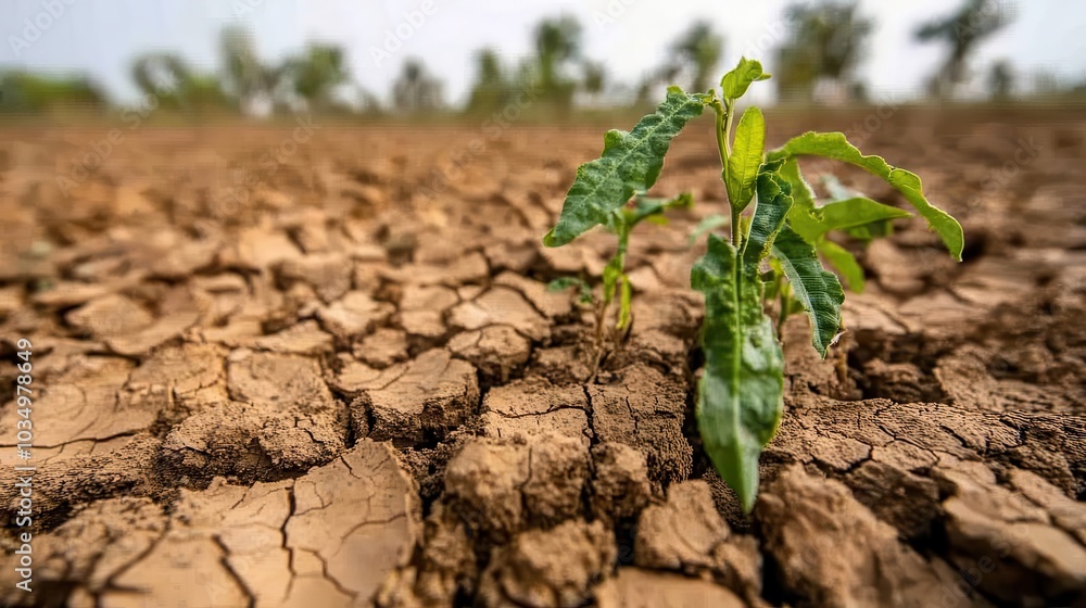 A resilient plant breaks through dry, cracked soil, symbolizing hope and renewal in a challenging environment. A resilient plant breaks through dry, cracked soil, symbolizing hope and renewal in a challenging environment.