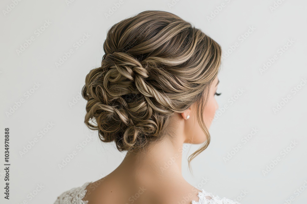 Fototapeta premium Elegant salon updo with intricate details, showcasing a luxurious and professional hairstyle finish.