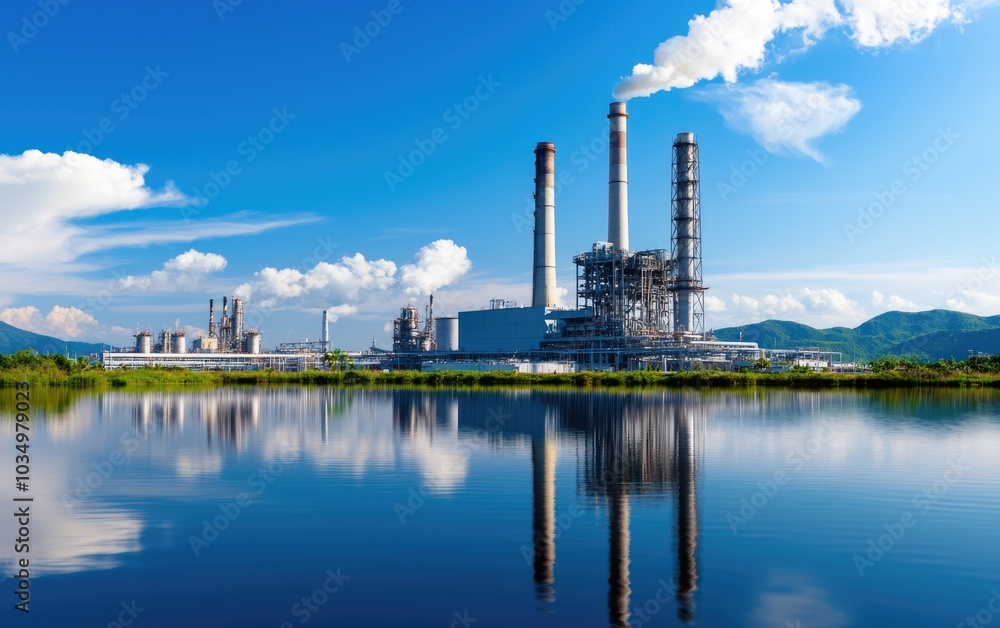 Oil refinery plant reflecting on water, serene yet industrial setting