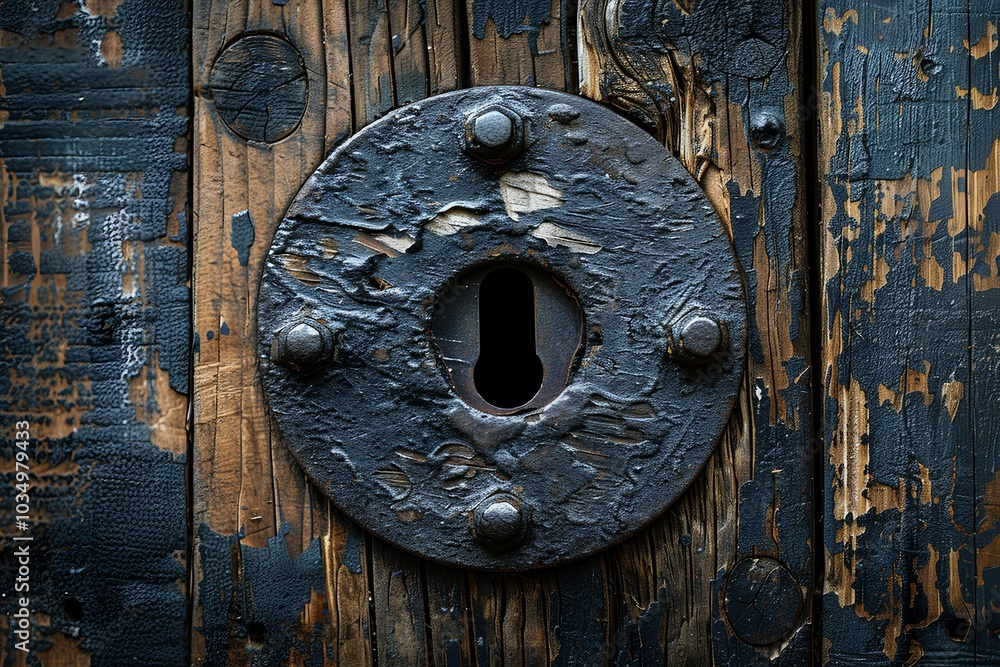 A close up of a metal plate on a wooden door A close up of a metal plate on a wooden door