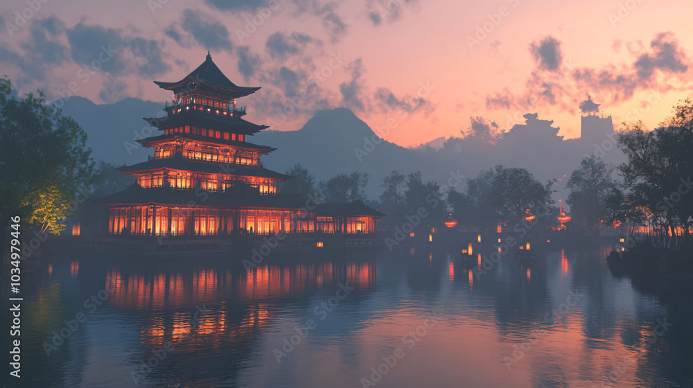 Obraz premium An illuminated temple at dusk, reflecting the deep spiritual significance it holds for the surrounding community.
