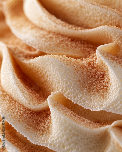 an extreme close-up, parallel horizontal front view, surface of a sliced chestnut mont blanc cake, filling the entire frame with its intricate layers