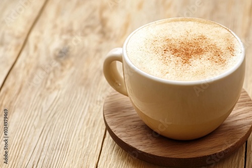Close-up of a Creamy Cappuccino with Cinnamon on a Wooden Table