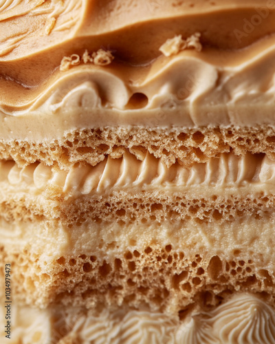 an extreme close-up, parallel horizontal front view, surface of a sliced chestnut mont blanc cake, filling the entire frame with its intricate layers