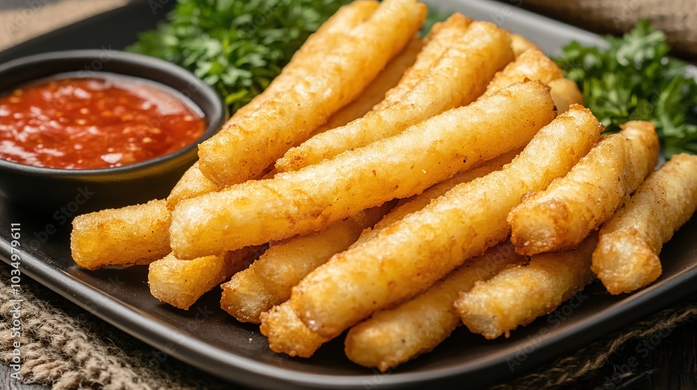 Delicious fried cassava with chili sauce ready to be served on a plate Delicious fried cassava with chili sauce ready to be served on a plate