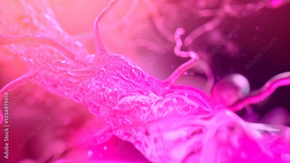 This Video features a detailed close-up of a red and pink substance, showcasing its intricate patterns and textures, Nanomachines working in harmony within a human vein This Video features a detailed close-up of a red and pink substance, showcasing its intricate patterns and textures, Nanomachines working in harmony within a human vein