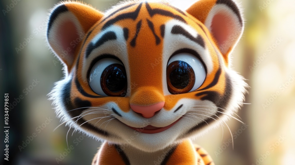 A smiling 3D cartoon tiger cub with oversized eyes and a joyful grin, looking playful and full of charm A smiling 3D cartoon tiger cub with oversized eyes and a joyful grin, looking playful and full of charm
