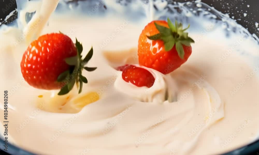 Strawberries dipping in creamy sauce Strawberries dipping in creamy sauce
