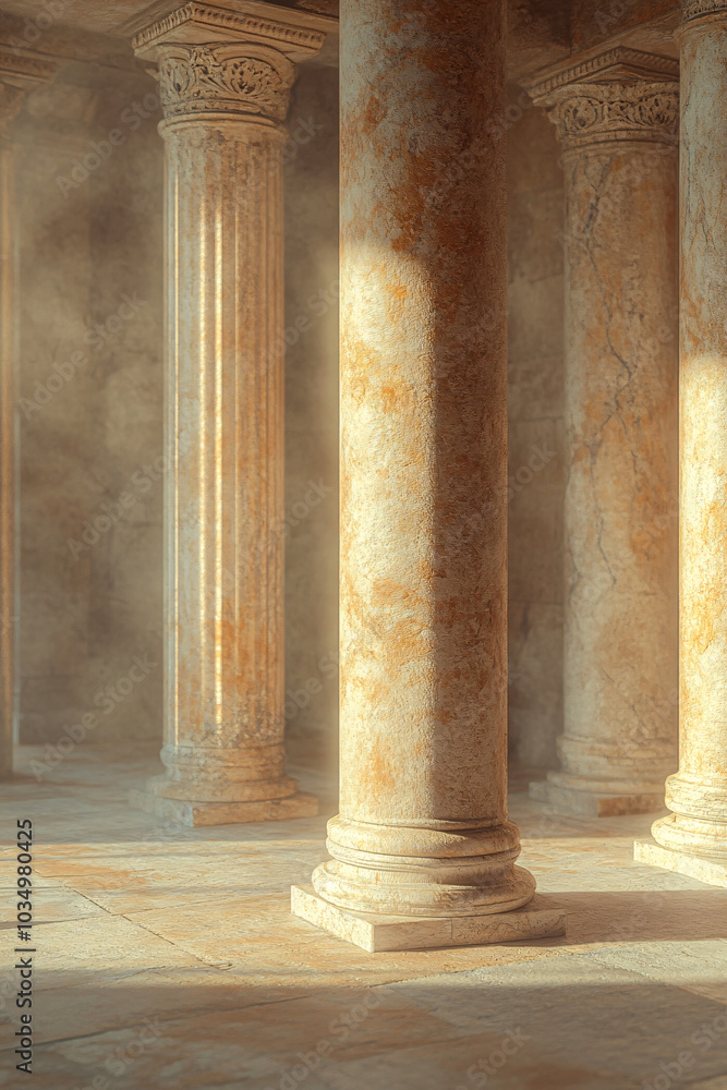 ancient roman marble pillars in an old building with golden sunlight streaming through the columns ancient roman marble pillars in an old building with golden sunlight streaming through the columns
