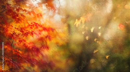 A dreamy, blurred landscape showcases a vibrant mix of autumn foliage with vivid orange and red leaves on the left. The background features a softer, more muted palette of greens and yellows, suggesti photo