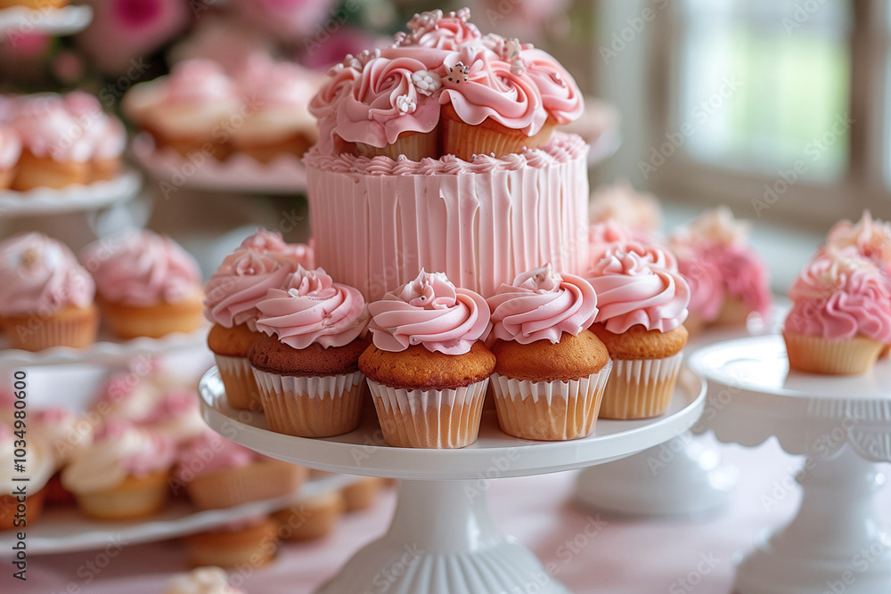 Pink Frosting Cupcakes and Cake on a White Stand Pink Frosting Cupcakes and Cake on a White Stand