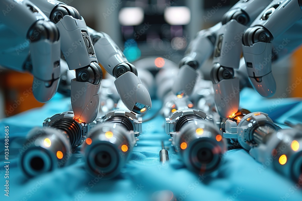 Fototapeta premium Robot hands working on a futuristic assembly line.