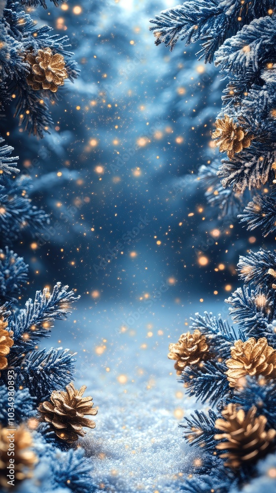 Christmas background featuring snowy pine branches and falling snow Christmas background featuring snowy pine branches and falling snow