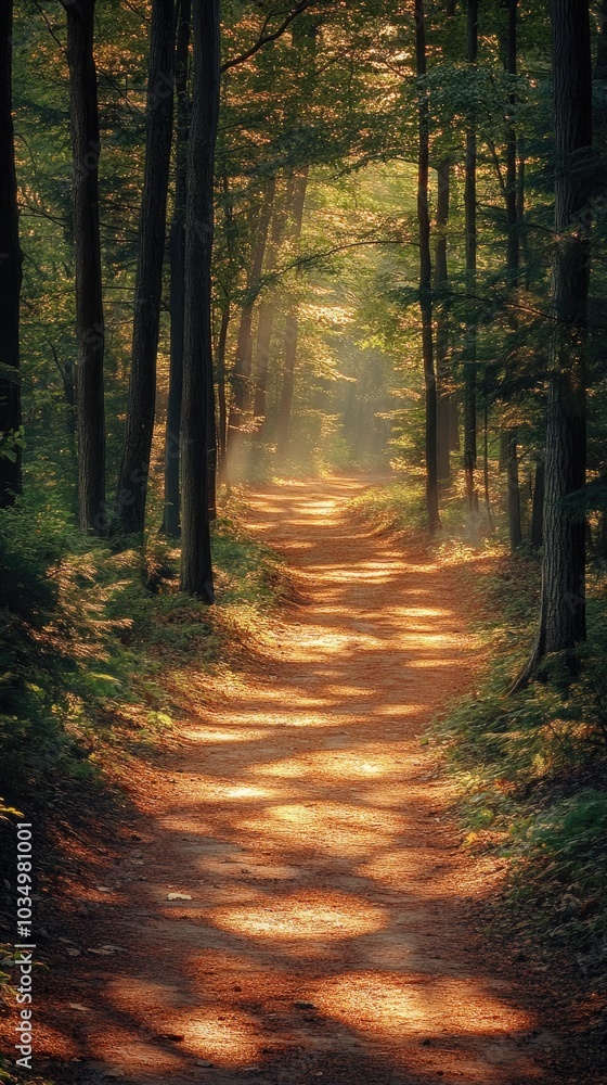 Sun shining through trees on forest path Sun shining through trees on forest path