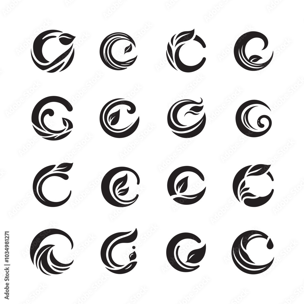 Decorative Letter C Silhouette with Leaf Shape Vector Logos for Nature-Inspired Branding and Design Decorative Letter C Silhouette with Leaf Shape Vector Logos for Nature-Inspired Branding and Design