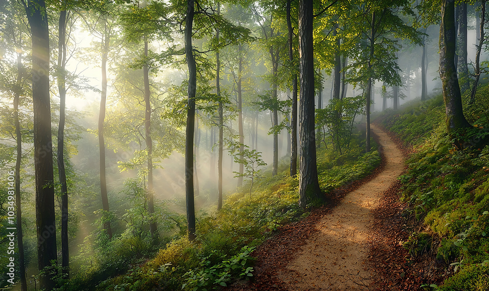 Obraz premium Sunlit beech forest, misty morning trail