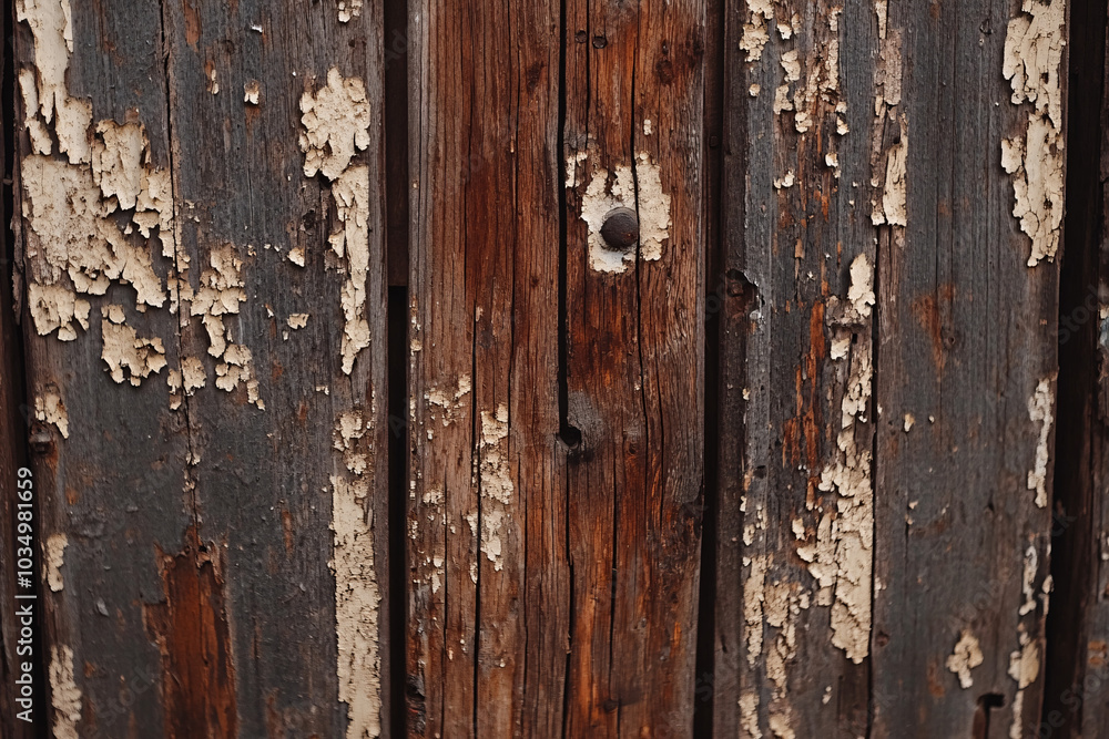 Naklejka premium rustic weathered brown wooden plank background texture with peeling paint close up macro shot