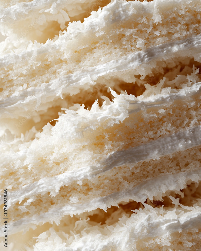 an extreme close-up, parallel horizontal front view, surface of a sliced coconut sandwich cake, filling the entire frame with its intricate layers an extreme close-up, parallel horizontal front view, surface of a sliced coconut sandwich cake, filling the entire frame with its intricate layers