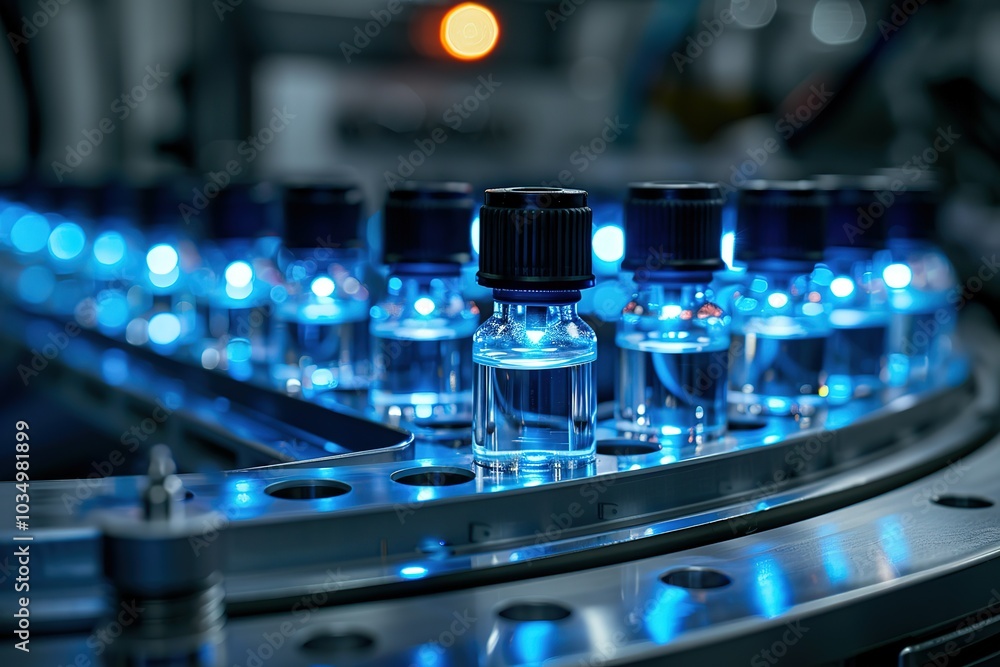 Close-up of a production line for small bottles of liquid. Close-up of a production line for small bottles of liquid.