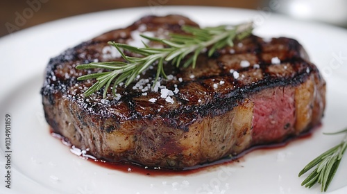 Beautifully garnished rib eye steak served on a white plate