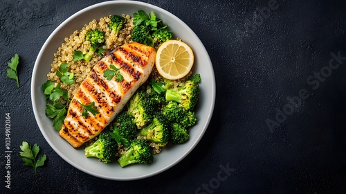 Deliciously Grilled Mackerel Served with Nutritious Quinoa and Fresh Steamed Broccoli Delight. Healthy Food Concept